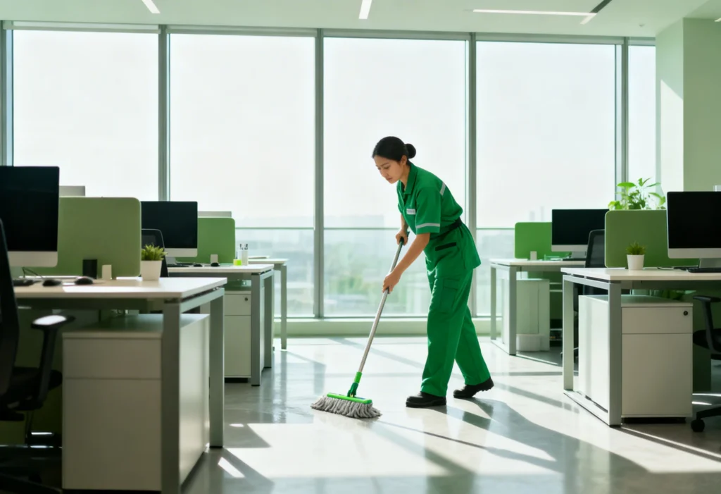 freepik a cleaning woman in a green uniform mopping a contemporary office with floortoceiling windows organized desks and pcs pale morning light 0036