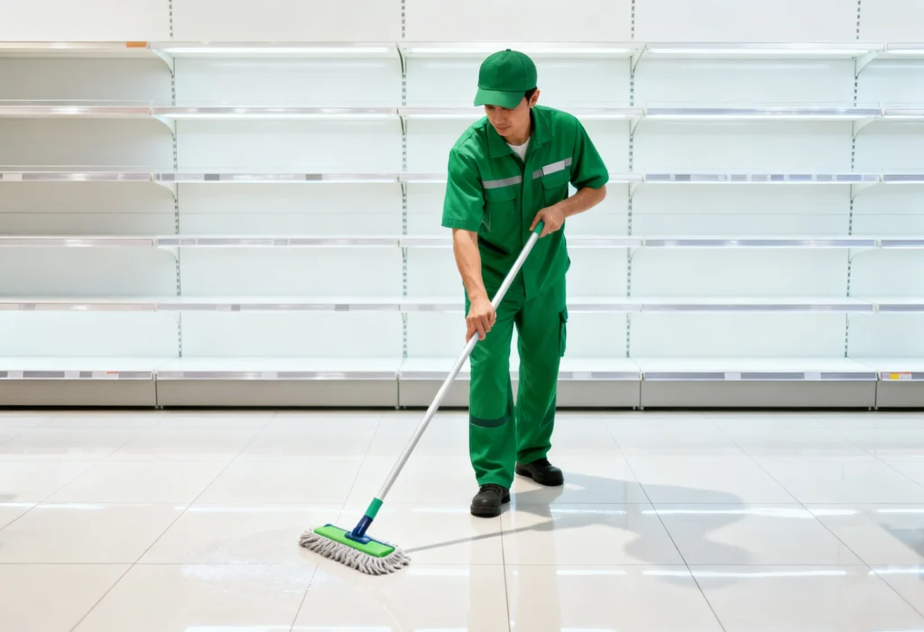 freepik a cleaning worker in green uniform mopping a commercial shop floor after closing clean shelves bright lighting square 0040