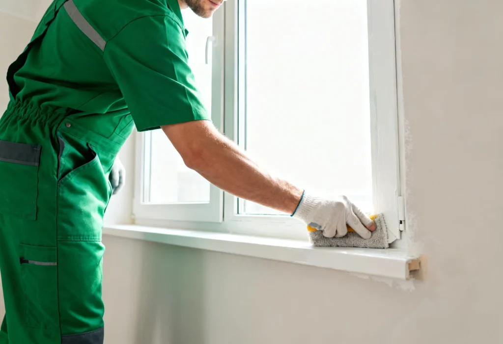 freepik cleaner in green uniform wiping fresh paint from a window frame in a bright newly renovated room no face shown square 0032