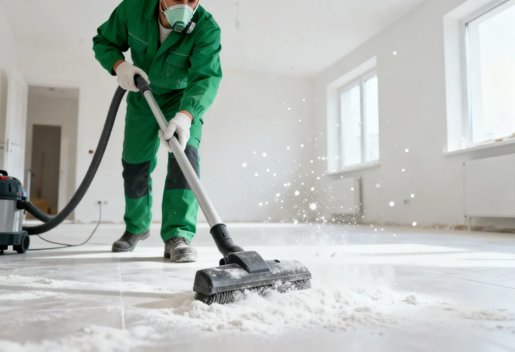 freepik cleaning professional in green uniform with protective mask vacuuming white renovation dust dust motes visible bright freshly renovated apartment floor 0030