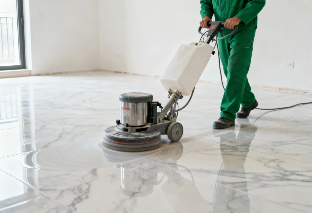 freepik cleaning worker in green uniform polishing new marble floor with industrial machine in bright empty apartment no face visible 0034
