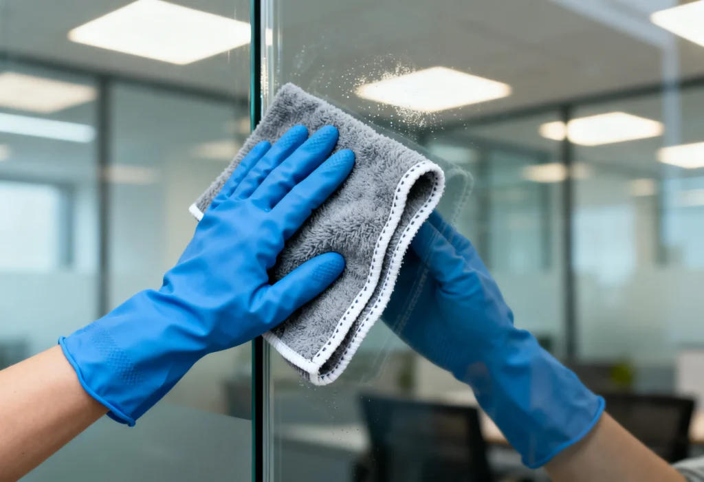 freepik closeup of a cleaning womans gloved hands wiping a glass office partition with a microfiber cloth sharp detail square format 0037