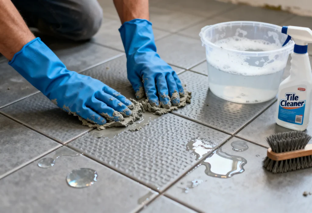 freepik closeup of gloved hands removing dried cement residue from textured new floor tiles small puddles cleaning products nearby square 0031
