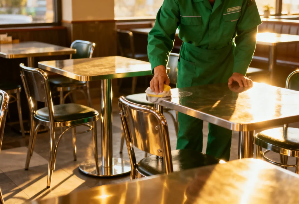 freepik greenuniformed cleaner polishing metal chair legs and tabletops sunlit restaurant interior high quality no face visible 0038