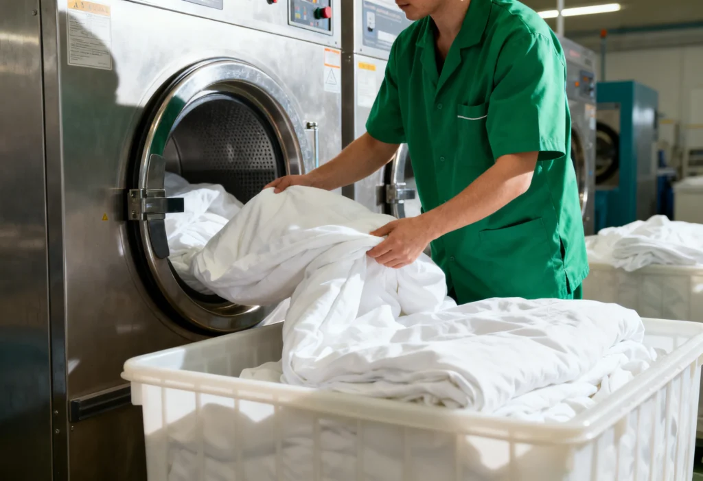 freepik laundry worker in green uniform loading white bed linen into industrial washer in bright laundry facility no face visible square format 0058