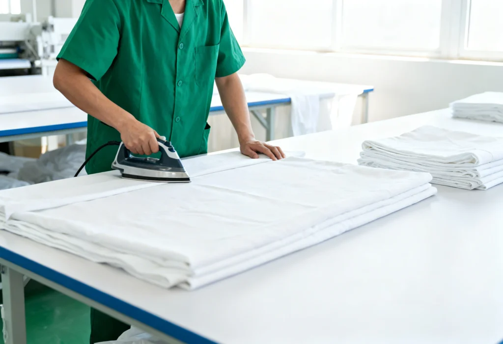 freepik laundry worker wearing green uniform presses and folds white sheets on large ironing table in bright hygienic facility face not visible 0060