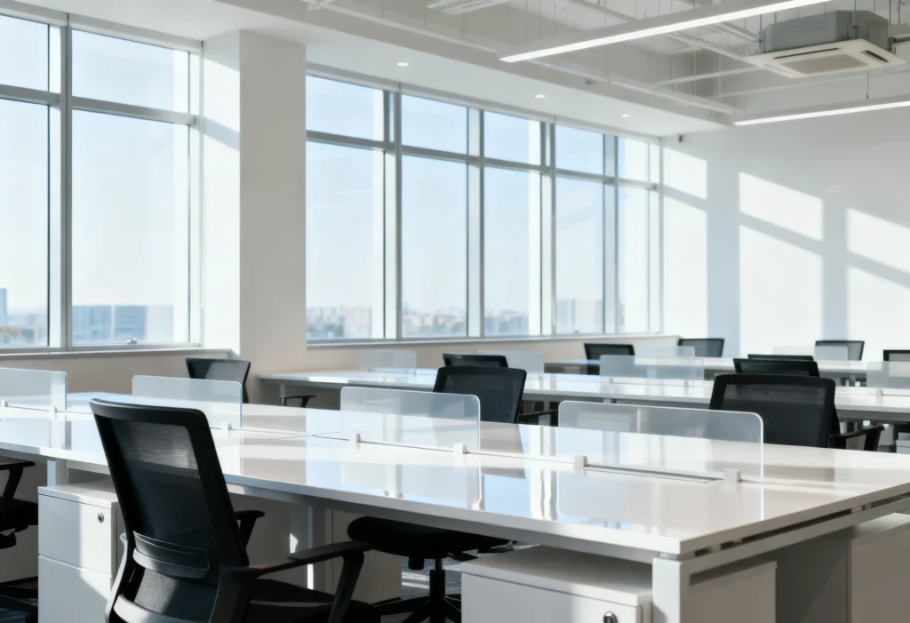 freepik organized openplan office pristine desks gleaming clean surfaces abundant daylight through wide windows high clarity horizontal 0041