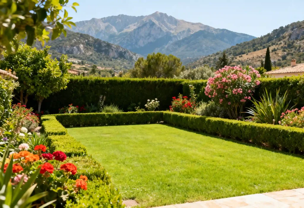 freepik professional photo realistic. a beautifully maintained private garden with neat lawn trimmed hedges and colorful flowering plants. mediterranean or pyrenean landscape in the background. n 0054 freepik professional photo realistic. a beautifully maintained private garden with neat lawn trimmed hedges and colorful flowering plants. mediterranean or pyrenean landscape in the background. n 0054