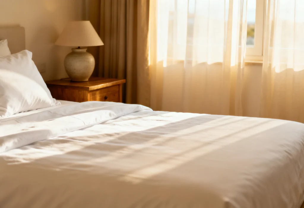 freepik professional photo realistic. a holiday apartment bedroom with a freshly made bed with crisp white linen just delivered by a laundry service. warm light welcoming and clean atmosphere. no 0062