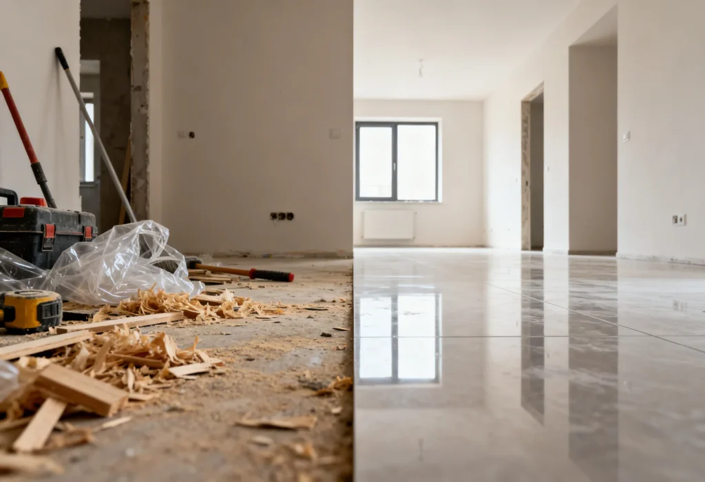 freepik professional photo realistic. before and after split image of a newly built apartment left side dusty and covered in construction debris right side spotlessly clean and ready to move in. 0033