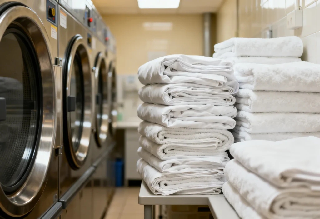 freepik professional photo realistic. neatly folded white bed sheets and towels stacked in a clean laundry room with warm lighting. fresh clean and professional atmosphere. no people. high qualit 0057