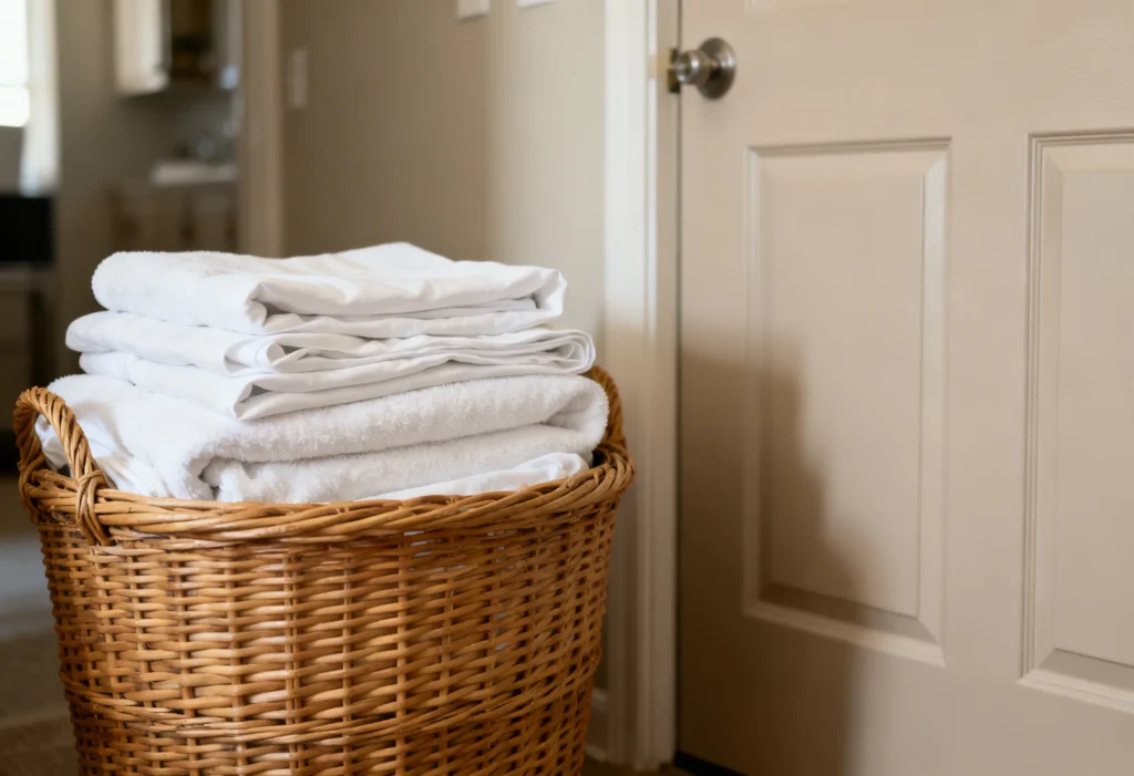 freepik square highquality photo wicker laundry basket with neatly folded white towels and sheets placed next to an apartment door no people 0061